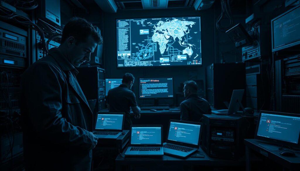 A dimly lit room filled with high-tech equipment, depicting the dismantling of an illegal IPTV network. In the foreground, a focused investigator in a professional outfit examines cables and servers, while their colleagues document evidence on laptops. In the middle, various IPTV devices and screens show error messages, symbolizing the shutdown of the pirate network. The background features a large digital monitor displaying a map of connections and data flow, suggesting the depth of the operation. The atmosphere is tense and serious, illuminated by flickering monitor lights casting shadows across the room. Shot from a low angle to emphasize the chaos of the scene, conveying a sense of urgency and action in this covert operation. A dimly lit room filled with high-tech equipment, depicting the dismantling of an illegal IPTV network. In the foreground, a focused investigator in a professional outfit examines cables and servers, while their colleagues document evidence on laptops. In the middle, various IPTV devices and screens show error messages, symbolizing the shutdown of the pirate network. The background features a large digital monitor displaying a map of connections and data flow, suggesting the depth of the operation. The atmosphere is tense and serious, illuminated by flickering monitor lights casting shadows across the room. Shot from a low angle to emphasize the chaos of the scene, conveying a sense of urgency and action in this covert operation.