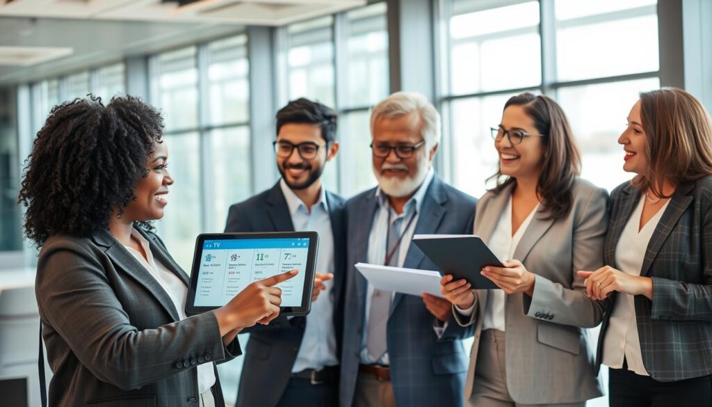 A diverse group of four individuals in a modern, professional setting discussing IPTV subscription options. In the foreground, a middle-aged Black woman in smart casual attire points at a digital tablet displaying various IPTV plans. Beside her, a young Asian man in a business suit nods in agreement, while an older White man in glasses takes notes. Slightly behind, a Hispanic woman in a blazer is sharing insights, smiling warmly. The background features a sleek office space with large windows, allowing natural light to flood in, creating an inviting atmosphere. The image should have a clean and organized layout, emphasizing collaboration and decision-making around choosing the best IPTV subscription for different user profiles.