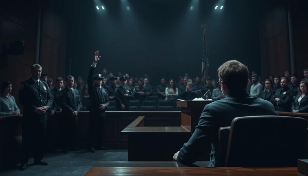A dramatic courtroom scene set in a dimly lit environment, capturing the intensity of legal consequences faced by IPTV pirates. In the foreground, a worried individual in professional attire sits at a table, facing an imposing judge seated at a raised bench, their gavel raised in a gesture of authority. In the middle ground, a group of law enforcement officers stands vigilantly, scanning the room. The background features a shadowy gallery filled with onlookers, emphasizing the seriousness of the prosecution. The lighting is moody with stark contrasts, casting shadows to enhance the somber atmosphere, evoking a sense of tension and urgency around the consequences of illegal streaming. The camera angle is slightly low, adding a sense of gravity to the scene. A dramatic courtroom scene set in a dimly lit environment, capturing the intensity of legal consequences faced by IPTV pirates. In the foreground, a worried individual in professional attire sits at a table, facing an imposing judge seated at a raised bench, their gavel raised in a gesture of authority. In the middle ground, a group of law enforcement officers stands vigilantly, scanning the room. The background features a shadowy gallery filled with onlookers, emphasizing the seriousness of the prosecution. The lighting is moody with stark contrasts, casting shadows to enhance the somber atmosphere, evoking a sense of tension and urgency around the consequences of illegal streaming. The camera angle is slightly low, adding a sense of gravity to the scene.
