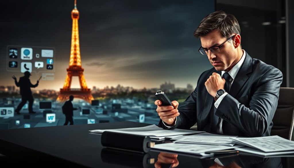 A dramatic scene depicting the effects of a Fire Stick on piracy in France. In the foreground, a concerned individual dressed in professional business attire examines a Fire Stick device while sitting at a modern desk covered with legal documents and digital security reports. In the middle ground, a stylized representation of a digital landscape with streaming icons and a shadowy figure symbolizing piracy, illustrating the ongoing conflict. The background features a blurred image of the Eiffel Tower and Parisian skyline, symbolizing the setting. The lighting is dim with a subtle spotlight on the Fire Stick, creating a tense atmosphere. The overall mood conveys seriousness and concern around legal and economic implications. A dramatic scene depicting the effects of a Fire Stick on piracy in France. In the foreground, a concerned individual dressed in professional business attire examines a Fire Stick device while sitting at a modern desk covered with legal documents and digital security reports. In the middle ground, a stylized representation of a digital landscape with streaming icons and a shadowy figure symbolizing piracy, illustrating the ongoing conflict. The background features a blurred image of the Eiffel Tower and Parisian skyline, symbolizing the setting. The lighting is dim with a subtle spotlight on the Fire Stick, creating a tense atmosphere. The overall mood conveys seriousness and concern around legal and economic implications.