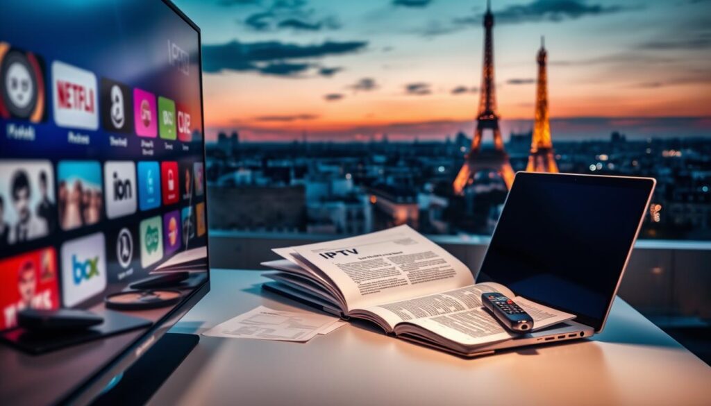 A dynamic and informative visual composition illustrating the concept of IPTV Xtream limits and precautions in France. In the foreground, a close-up of a modern television displaying a digital streaming interface with icons representing different channels, suggesting legality and usage guidelines. In the middle, a sleek laptop is open, with documents and a legal book regarding IPTV regulations scattered around, symbolizing the importance of precautions and legality. The background features a soft-focus Parisian skyline at dusk, with the Eiffel Tower lit up, evoking a sense of place. Soft, ambient lighting enhances the professional atmosphere, while a cool color palette of blues and grays suggests a serious and informative tone. The entire scene should feel modern and engaging, inviting the viewer to consider the topic thoughtfully. A dynamic and informative visual composition illustrating the concept of IPTV Xtream limits and precautions in France. In the foreground, a close-up of a modern television displaying a digital streaming interface with icons representing different channels, suggesting legality and usage guidelines. In the middle, a sleek laptop is open, with documents and a legal book regarding IPTV regulations scattered around, symbolizing the importance of precautions and legality. The background features a soft-focus Parisian skyline at dusk, with the Eiffel Tower lit up, evoking a sense of place. Soft, ambient lighting enhances the professional atmosphere, while a cool color palette of blues and grays suggests a serious and informative tone. The entire scene should feel modern and engaging, inviting the viewer to consider the topic thoughtfully.