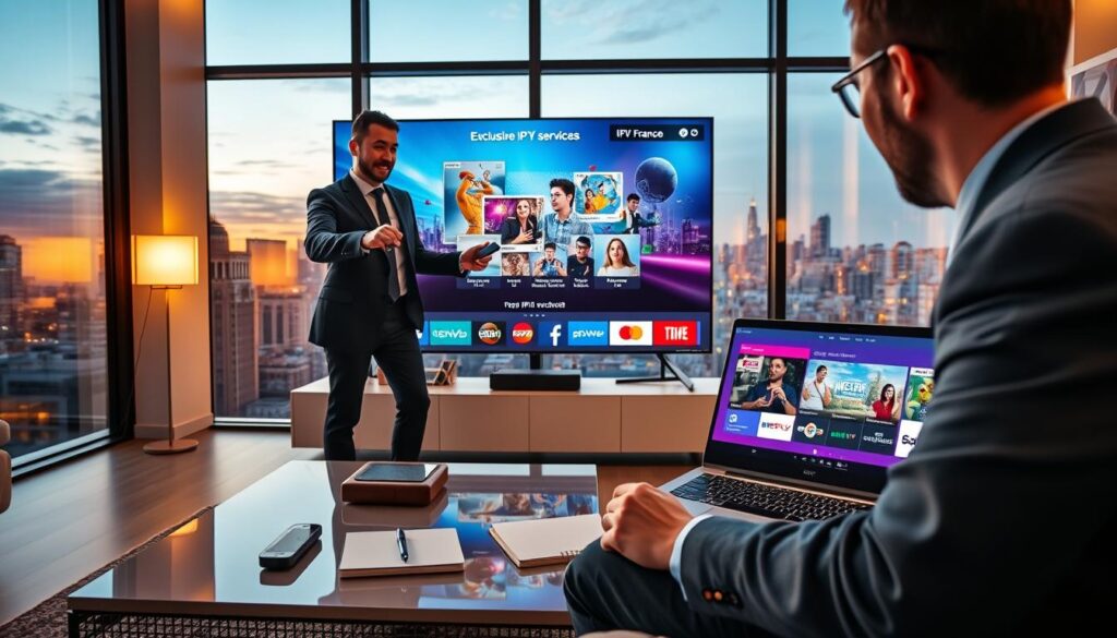 A dynamic and modern workspace showcasing IPTV features, with a sleek television displaying vibrant animated graphics representing exclusive IPTV services in HD quality. In the foreground, a well-dressed professional in business attire interacts with a smart remote control, excitedly exploring various features. The middle ground includes a stylish coffee table with a notepad, a laptop displaying IPTV interface, and a few tech gadgets. In the background, large windows reveal a city skyline at twilight, bathed in warm golden light. The atmosphere is energetic and innovative, highlighting the cutting-edge technology and exclusivity of IPTV France Pro. The image should be well-lit, with a focus on clarity and detail, capturing the essence of modern media consumption.