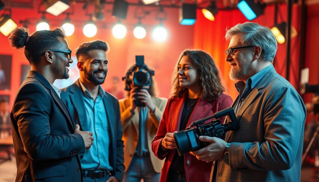 A dynamic composition showcasing the standout talents of the film "IPTV 2025," focusing on leading actors and innovative directors. In the foreground, three diverse actors dressed in stylish but professional attire engage in a lively discussion, exuding charisma and enthusiasm. In the middle ground, a renowned director, holding a camera, directs the scene, portraying confidence and creativity. The background features a vibrant film set with bright lights illuminating their faces, creating a warm, inviting atmosphere. The color palette incorporates rich hues, emphasizing energy and inspiration. Use a wide-angle perspective to capture the interaction and depth of the setting, aiming for a cinematic feel that reflects the excitement surrounding the film industry. The overall mood should be uplifting and engaging.