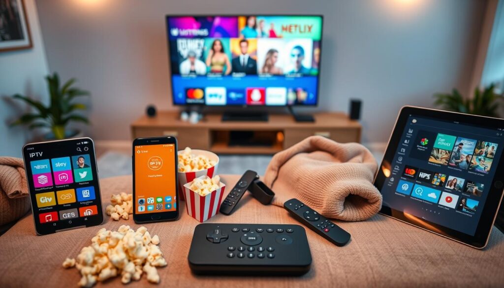 A dynamic flat lay composition featuring a selection of the best IPTV applications on smartphones and tablets. In the foreground, display three modern devices: a smartphone, a tablet, and a smart TV remote, showcasing vibrant app icons like streaming services and channel guides. In the middle, arrange various IPTV-related elements such as popcorn, a remote control, and a cozy blanket, suggesting a home viewing experience. The background should include a stylish living room setup with a large screen displaying colorful IPTV content, surrounded by soft, warm lighting to create an inviting atmosphere. Ensure the image is bright and vibrant, shot from a high angle to capture the entirety of the scene.