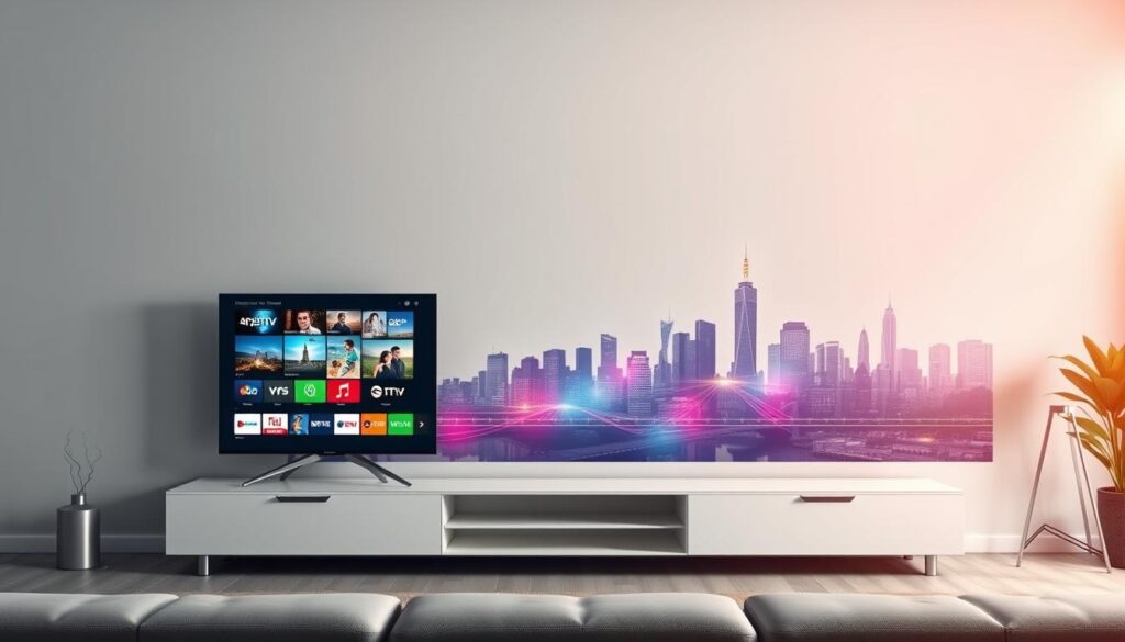 A dynamic illustration showcasing the evolution of IPTV programs in France. In the foreground, depict a modern living room setting, featuring a sleek flat-screen TV displaying a collage of popular IPTV interfaces. In the middle ground, visualize a timeline graph, elegantly displaying milestones from the past to present, with vibrant colors representing different eras of IPTV development. The background should exhibit an abstract city skyline subtly incorporating digital elements, symbolizing technological advancement. Use soft, ambient lighting to create a warm and inviting atmosphere, with a slight lens flare effect to highlight innovation. Capture a sense of progress and excitement, emphasizing the transformative journey of IPTV services in France. A dynamic illustration showcasing the evolution of IPTV programs in France. In the foreground, depict a modern living room setting, featuring a sleek flat-screen TV displaying a collage of popular IPTV interfaces. In the middle ground, visualize a timeline graph, elegantly displaying milestones from the past to present, with vibrant colors representing different eras of IPTV development. The background should exhibit an abstract city skyline subtly incorporating digital elements, symbolizing technological advancement. Use soft, ambient lighting to create a warm and inviting atmosphere, with a slight lens flare effect to highlight innovation. Capture a sense of progress and excitement, emphasizing the transformative journey of IPTV services in France.