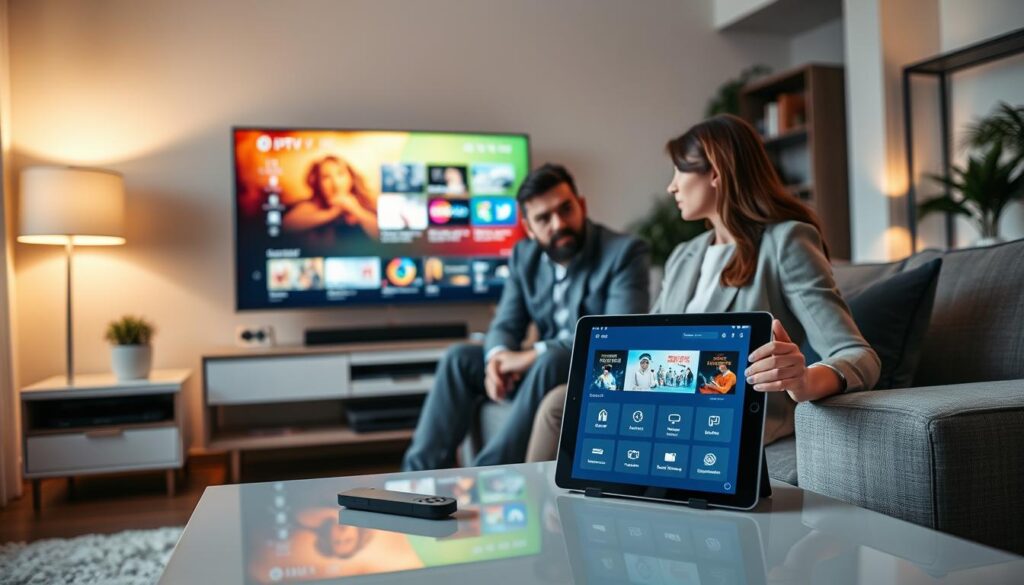 A dynamic living room scene showcasing a modern smart TV displaying a vibrant IPTV interface. In the foreground, a sleek coffee table holds a tablet showing IPTV options along with a remote control. The middle ground features a comfortable sofa where two individuals are engaged, a male and a female, both in professional attire, attentively discussing the IPTV features. Soft lighting illuminates the room, with a warm glow emanating from a lamp in the corner, creating an inviting atmosphere. The background shows a stylish bookshelf and decorative plants, enhancing the cozy feel of the environment. The overall mood should be focused and professional, highlighting the testing and exploration of IPTV services. A dynamic living room scene showcasing a modern smart TV displaying a vibrant IPTV interface. In the foreground, a sleek coffee table holds a tablet showing IPTV options along with a remote control. The middle ground features a comfortable sofa where two individuals are engaged, a male and a female, both in professional attire, attentively discussing the IPTV features. Soft lighting illuminates the room, with a warm glow emanating from a lamp in the corner, creating an inviting atmosphere. The background shows a stylish bookshelf and decorative plants, enhancing the cozy feel of the environment. The overall mood should be focused and professional, highlighting the testing and exploration of IPTV services.