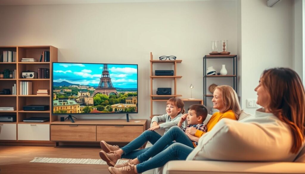 A dynamic representation of IPTV streaming quality in a modern living room setting. In the foreground, a sleek, high-definition TV displays a vibrant image of a French landscape, symbolizing the diverse content available through IPTV Premium France. The middle ground features a cozy couch with a family of three, dressed in casual, comfortable clothing, deeply engaged in watching the screen. Soft, ambient lighting creates a warm and inviting atmosphere, highlighting the family’s smiles and expressions of satisfaction. In the background, a stylish bookshelf adorned with tech gadgets and decorative items complements the modern decor. The image conveys a sense of warmth, connection, and the joy of seamless television viewing anywhere. A dynamic representation of IPTV streaming quality in a modern living room setting. In the foreground, a sleek, high-definition TV displays a vibrant image of a French landscape, symbolizing the diverse content available through IPTV Premium France. The middle ground features a cozy couch with a family of three, dressed in casual, comfortable clothing, deeply engaged in watching the screen. Soft, ambient lighting creates a warm and inviting atmosphere, highlighting the family’s smiles and expressions of satisfaction. In the background, a stylish bookshelf adorned with tech gadgets and decorative items complements the modern decor. The image conveys a sense of warmth, connection, and the joy of seamless television viewing anywhere.