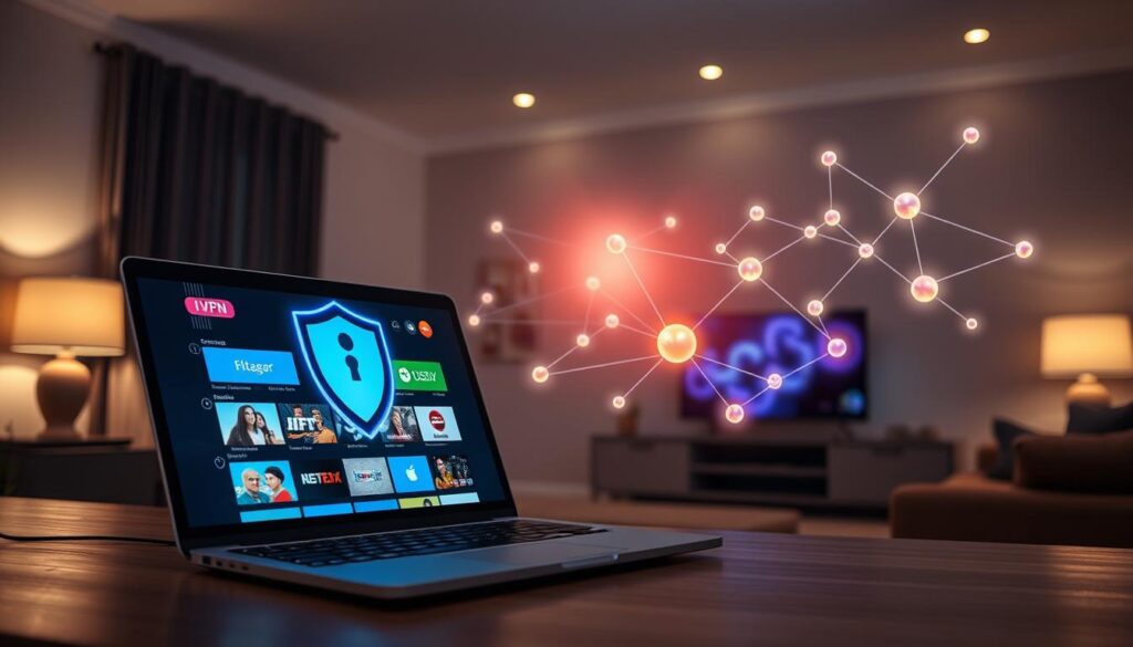 A dynamic scene illustrating the importance of a VPN for IPTV. In the foreground, there's a sleek, modern laptop displaying streaming content, with vibrant, colorful graphics representing IPTV channels. An overlay of a digital shield symbolizing VPN encryption subtly surrounds the laptop. In the middle, an abstract representation of data flowing securely through a network, with glowing lines and nodes symbolizing privacy and connectivity. The background features a cozy, stylish living room with a flat-screen TV, dimly lit for a relaxed atmosphere, emphasizing a comfortable viewing experience. Soft ambient lighting adds warmth, creating a sense of security and peace. The overall mood is professional yet inviting, visually communicating the blend of technology and home entertainment.