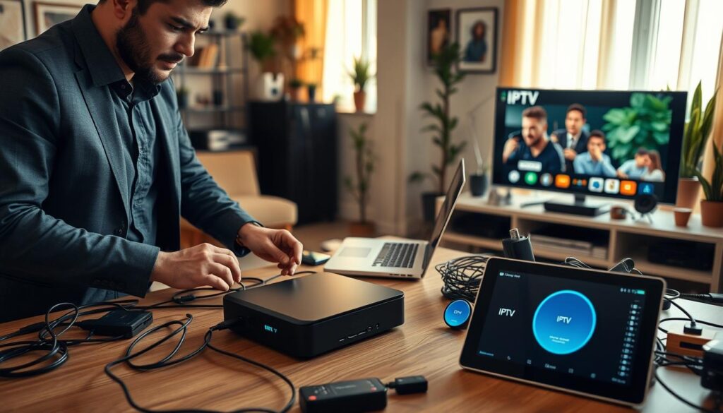 A dynamic workspace showcasing the installation and compatibility of Tunisia IPTV subscriptions. In the foreground, a focused professional in smart casual attire is setting up a sleek digital device displaying IPTV options, with cables and streaming devices positioned neatly beside them. The middle layer features a modern office desk cluttered with tech gadgets, including a laptop and a tablet displaying streaming quality graphs. The background hints at a cozy living room, with a large TV showing an IPTV interface, adorned with decorative elements like house plants and wall art. Warm, natural lighting streams through a window, creating an inviting atmosphere. The overall mood is one of tech-savviness and ease, perfect for understanding IPTV compatibility and setup. A dynamic workspace showcasing the installation and compatibility of Tunisia IPTV subscriptions. In the foreground, a focused professional in smart casual attire is setting up a sleek digital device displaying IPTV options, with cables and streaming devices positioned neatly beside them. The middle layer features a modern office desk cluttered with tech gadgets, including a laptop and a tablet displaying streaming quality graphs. The background hints at a cozy living room, with a large TV showing an IPTV interface, adorned with decorative elements like house plants and wall art. Warm, natural lighting streams through a window, creating an inviting atmosphere. The overall mood is one of tech-savviness and ease, perfect for understanding IPTV compatibility and setup.