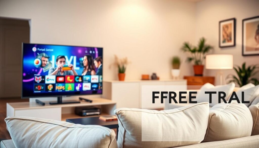A flat-screen television displaying a vibrant IPTV interface featuring a diverse selection of channels, prominently set on a stylish living room table. In the foreground, a comfortable sofa with soft cushions invites viewers to sit and enjoy. The middle ground shows a warm, inviting atmosphere with soft lighting, possibly from a nearby lamp, casting a gentle glow over the space. The background includes a minimalist decor with potted plants and modern artwork on the walls, enhancing the homey feel. The scene conveys a sense of ease and convenience, embodying the theme of quickly and easily obtaining a free IPTV trial. The image should have a high-definition quality, with a focus on bright colors and a clean, organized composition. A flat-screen television displaying a vibrant IPTV interface featuring a diverse selection of channels, prominently set on a stylish living room table. In the foreground, a comfortable sofa with soft cushions invites viewers to sit and enjoy. The middle ground shows a warm, inviting atmosphere with soft lighting, possibly from a nearby lamp, casting a gentle glow over the space. The background includes a minimalist decor with potted plants and modern artwork on the walls, enhancing the homey feel. The scene conveys a sense of ease and convenience, embodying the theme of quickly and easily obtaining a free IPTV trial. The image should have a high-definition quality, with a focus on bright colors and a clean, organized composition.
