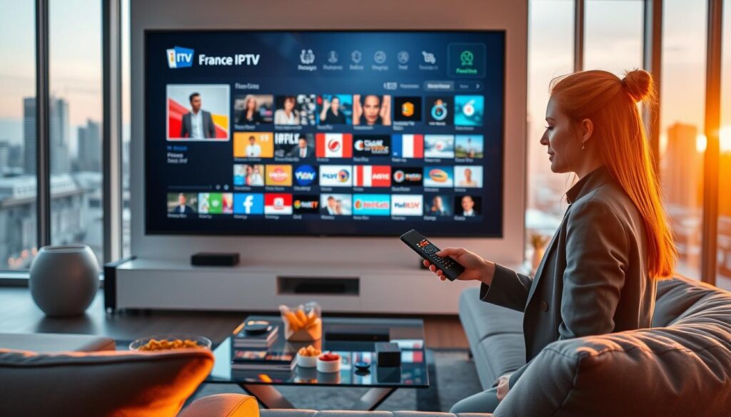 A futuristic and sleek living room setting in 2026, showcasing a large, high-definition screen displaying an IPTV interface filled with vibrant French TV channels. In the foreground, a professional-looking woman in smart casual attire is interacting with a modern remote control, her expression focused and engaged. In the middle, a glass coffee table displays smart devices and snacks, while a cozy sofa frames the scene. The background features large windows with city skyline views, bathed in soft, warm evening light. The overall mood conveys innovation and comfort, highlighting a digital entertainment experience at home, with an emphasis on technology and leisure. A futuristic and sleek living room setting in 2026, showcasing a large, high-definition screen displaying an IPTV interface filled with vibrant French TV channels. In the foreground, a professional-looking woman in smart casual attire is interacting with a modern remote control, her expression focused and engaged. In the middle, a glass coffee table displays smart devices and snacks, while a cozy sofa frames the scene. The background features large windows with city skyline views, bathed in soft, warm evening light. The overall mood conveys innovation and comfort, highlighting a digital entertainment experience at home, with an emphasis on technology and leisure.