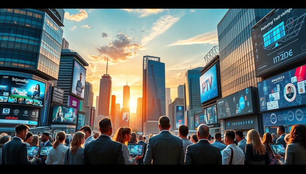 A futuristic cityscape depicting the evolving IPTV market in France by 2026. In the foreground, a diverse group of professionals in business attire are engaged in animated discussions, holding digital tablets displaying various IPTV interfaces. The middle ground features sleek, modern buildings adorned with digital billboards showcasing IPTV channels and data analytics visuals. The background is a vibrant skyline with a sunset casting warm, golden light, emphasizing innovation and connectivity. The overall atmosphere is dynamic and optimistic, representing growth in technology. The use of a wide-angle lens captures the bustling energy of this urban environment, inviting viewers to envision the transformation in digital entertainment. A futuristic cityscape depicting the evolving IPTV market in France by 2026. In the foreground, a diverse group of professionals in business attire are engaged in animated discussions, holding digital tablets displaying various IPTV interfaces. The middle ground features sleek, modern buildings adorned with digital billboards showcasing IPTV channels and data analytics visuals. The background is a vibrant skyline with a sunset casting warm, golden light, emphasizing innovation and connectivity. The overall atmosphere is dynamic and optimistic, representing growth in technology. The use of a wide-angle lens captures the bustling energy of this urban environment, inviting viewers to envision the transformation in digital entertainment.