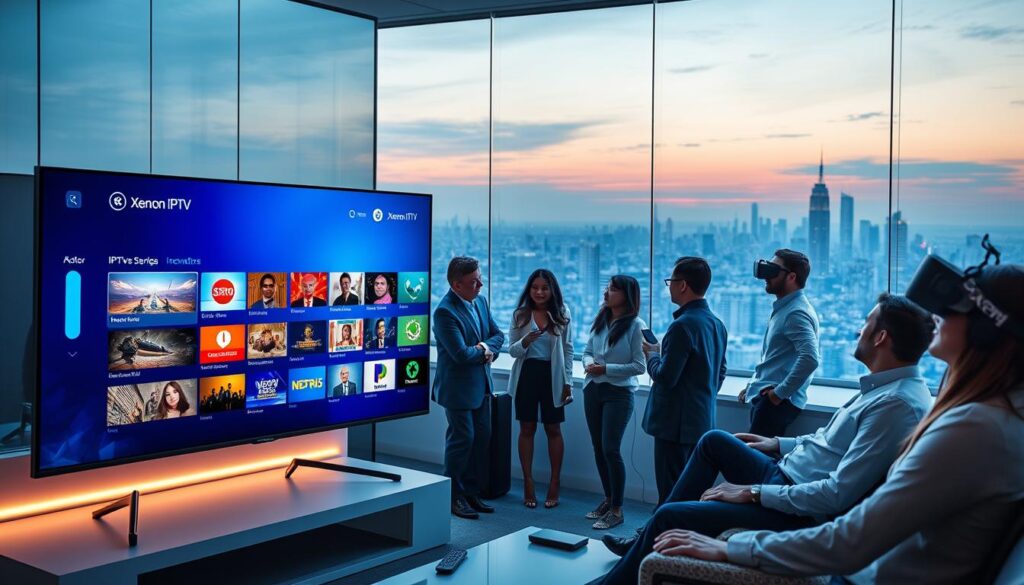 A futuristic digital workspace showcasing the evolution and future innovations of Xenon IPTV. In the foreground, a sleek, modern television displaying vibrant, interactive IPTV menus with diverse channels. In the middle ground, a group of diverse professionals, dressed in smart casual attire, engaged in a discussion about cutting-edge technology and streaming innovations, surrounded by advanced gadgets like smart remotes and VR headsets. The background features a panoramic view of a city skyline at sunset, emphasizing a blend of technology and urban life. Soft, dynamic lighting highlights the screens and the engaged faces of the individuals, creating a forward-looking, optimistic atmosphere that captures the essence of technological advancement. A futuristic digital workspace showcasing the evolution and future innovations of Xenon IPTV. In the foreground, a sleek, modern television displaying vibrant, interactive IPTV menus with diverse channels. In the middle ground, a group of diverse professionals, dressed in smart casual attire, engaged in a discussion about cutting-edge technology and streaming innovations, surrounded by advanced gadgets like smart remotes and VR headsets. The background features a panoramic view of a city skyline at sunset, emphasizing a blend of technology and urban life. Soft, dynamic lighting highlights the screens and the engaged faces of the individuals, creating a forward-looking, optimistic atmosphere that captures the essence of technological advancement.
