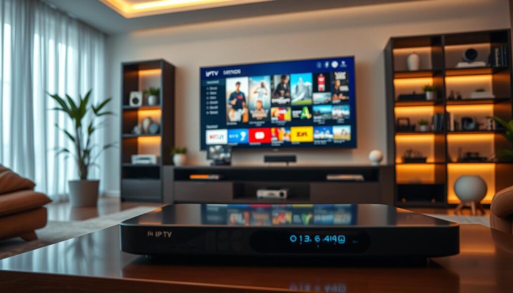A futuristic living room equipped with various IPTV devices prominently displayed on a sleek modern entertainment center. In the foreground, a high-tech IPTV player with a glowing screen, showcasing vibrant app icons and streaming options. The middle ground features a large, sophisticated flat-screen TV displaying a dynamic array of media content, with colorful visuals and a user-friendly interface. The background includes a stylish bookshelf filled with tech gadgets and decorative plants. Soft ambient lighting casts a warm glow, creating an inviting atmosphere. Use a wide-angle lens for depth, capturing the sleekness of the devices and the contemporary décor. The scene conveys innovation and the cutting-edge features of IPTV technology in 2026, emphasizing an engaging and modern viewing experience.