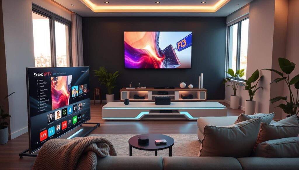 A futuristic living room setting showcasing an advanced IPTV system in 2026. In the foreground, a sleek smart TV displays vibrant streaming content with a user interface demonstrating various IPTV applications. A comfortable modern couch with a throw blanket and a small coffee table are nearby, emphasizing a cozy viewing experience. In the middle background, a stylish media console with glowing accents houses streaming devices and decorative elements. Large windows let in soft daylight, creating a warm and inviting atmosphere. A few green houseplants add a touch of nature. The scene conveys innovation and home entertainment, with a professional, tech-savvy vibe, ideal for a 2026 context.