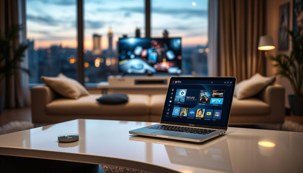A futuristic living room setup emphasizing security and privacy, designed for a modern French environment in 2026. In the foreground, a sleek, stylish coffee table holds a laptop displaying an IPTV interface, surrounded by subtle digital security icons. In the middle, a comfortable couch with plush cushions invites relaxation, while a high-definition television showcases a vibrant, blurred image of streaming content. In the background, a large window reveals a city skyline under soft, ambient evening lighting, creating a warm and inviting atmosphere. Utilize a wide-angle lens to capture the entire scene while maintaining a focus on the IPTV software's interface. The mood is tranquil yet futuristic, highlighting themes of safety and technological advancement.