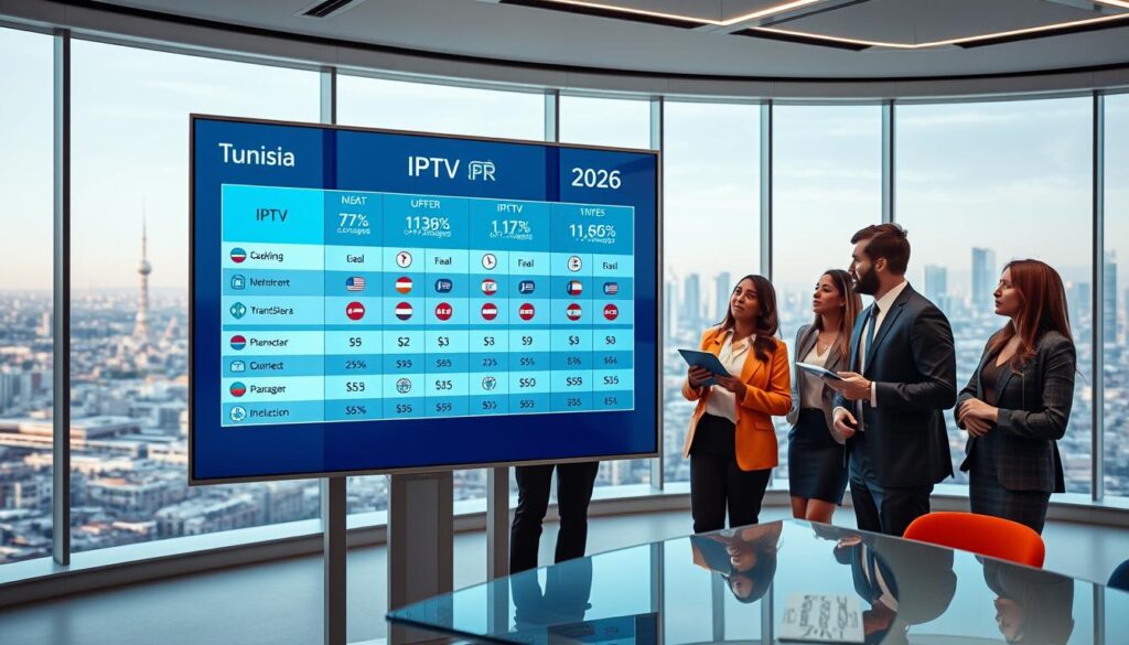 A futuristic office setting showcasing a digital comparison chart of IPTV offers for Tunisia in the year 2026. In the foreground, a sleek, transparent touchscreen displays various IPTV packages with icons representing features like channels, pricing, and quality. In the middle, a diverse group of professionals in business attire engage in discussion, pointing to the chart, while one individual takes notes on a tablet. The background features large windows revealing a vibrant city skyline, with soft, ambient lighting enhancing the modern atmosphere. The scene conveys a sense of innovation and collaboration, capturing the essence of informed decision-making in technology. The overall mood is professional and inspiring, emphasizing clarity and advancement in IPTV services. A futuristic office setting showcasing a digital comparison chart of IPTV offers for Tunisia in the year 2026. In the foreground, a sleek, transparent touchscreen displays various IPTV packages with icons representing features like channels, pricing, and quality. In the middle, a diverse group of professionals in business attire engage in discussion, pointing to the chart, while one individual takes notes on a tablet. The background features large windows revealing a vibrant city skyline, with soft, ambient lighting enhancing the modern atmosphere. The scene conveys a sense of innovation and collaboration, capturing the essence of informed decision-making in technology. The overall mood is professional and inspiring, emphasizing clarity and advancement in IPTV services.