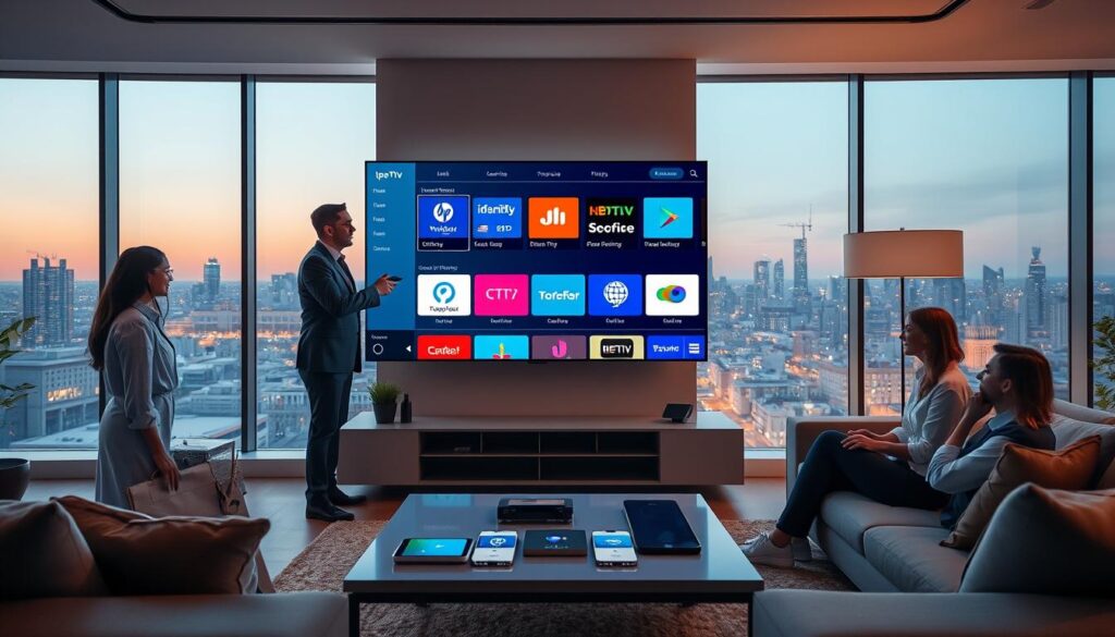 A futuristic scene depicting a comparison of free IPTV players in 2026. In the foreground, a sleek, modern living room features a high-tech smart TV displaying a vibrant graphical interface of different IPTV options, showcasing their logos. A diverse group of three individuals, dressed in professional business attire, are interacting with the TV remote, pointing and discussing the options thoughtfully. In the middle ground, a stylish coffee table holds tablets and smartphones, emphasizing cross-device compatibility. The background reveals large windows with a city skyline, bathed in soft, warm evening light, creating a cozy yet professional atmosphere. The overall mood is one of innovation and reliability, capturing the excitement of technology in the entertainment sector.