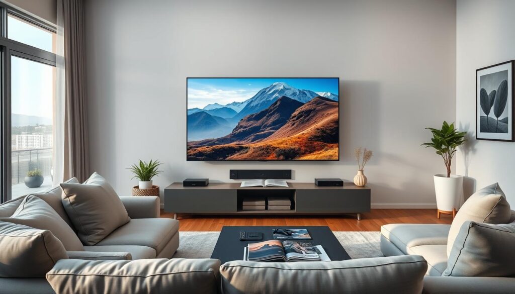 A high-definition 4K streaming scene featuring a modern living room with a large, sleek television displaying a breathtaking landscape in vibrant colors. In the foreground, a contemporary sofa is adorned with plush cushions, while a stylish coffee table holds a remote control and some magazines. The middle ground reveals the television with crystal-clear imagery of a serene mountain view under a bright blue sky, accentuating the detail and quality of 4K resolution. Soft, natural lighting enters through a large window, creating a cozy ambiance. In the background, decorative plants and minimalist artwork enhance the sophisticated interior design. The overall mood conveys a sense of high-quality entertainment and comfort, inviting readers to appreciate the essence of fluid streaming and impeccable image quality. A high-definition 4K streaming scene featuring a modern living room with a large, sleek television displaying a breathtaking landscape in vibrant colors. In the foreground, a contemporary sofa is adorned with plush cushions, while a stylish coffee table holds a remote control and some magazines. The middle ground reveals the television with crystal-clear imagery of a serene mountain view under a bright blue sky, accentuating the detail and quality of 4K resolution. Soft, natural lighting enters through a large window, creating a cozy ambiance. In the background, decorative plants and minimalist artwork enhance the sophisticated interior design. The overall mood conveys a sense of high-quality entertainment and comfort, inviting readers to appreciate the essence of fluid streaming and impeccable image quality.