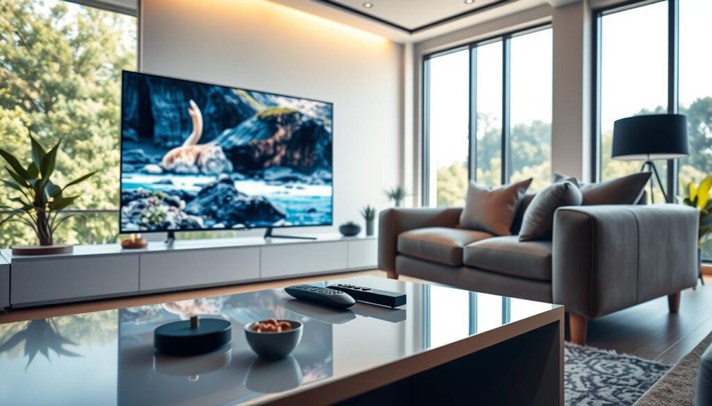 A high-definition living room scene showcasing IPTV technology, featuring a flat-screen TV displaying a vibrant 4K nature documentary with stunning visuals and clarity. In the foreground, a sleek, modern coffee table with remote controls and snacks, conveying a cozy viewing experience. The middle ground includes an elegant sofa with plush cushions and a small plant nearby. In the background, large windows allow natural light to pour in, enhancing the ambiance. The lighting is bright yet soft, creating a warm atmosphere. The overall mood is inviting and comfortable, emphasizing a premium viewing experience. Focus on color richness and detail that highlights the quality of image and user engagement with technology. A high-definition living room scene showcasing IPTV technology, featuring a flat-screen TV displaying a vibrant 4K nature documentary with stunning visuals and clarity. In the foreground, a sleek, modern coffee table with remote controls and snacks, conveying a cozy viewing experience. The middle ground includes an elegant sofa with plush cushions and a small plant nearby. In the background, large windows allow natural light to pour in, enhancing the ambiance. The lighting is bright yet soft, creating a warm atmosphere. The overall mood is inviting and comfortable, emphasizing a premium viewing experience. Focus on color richness and detail that highlights the quality of image and user engagement with technology.