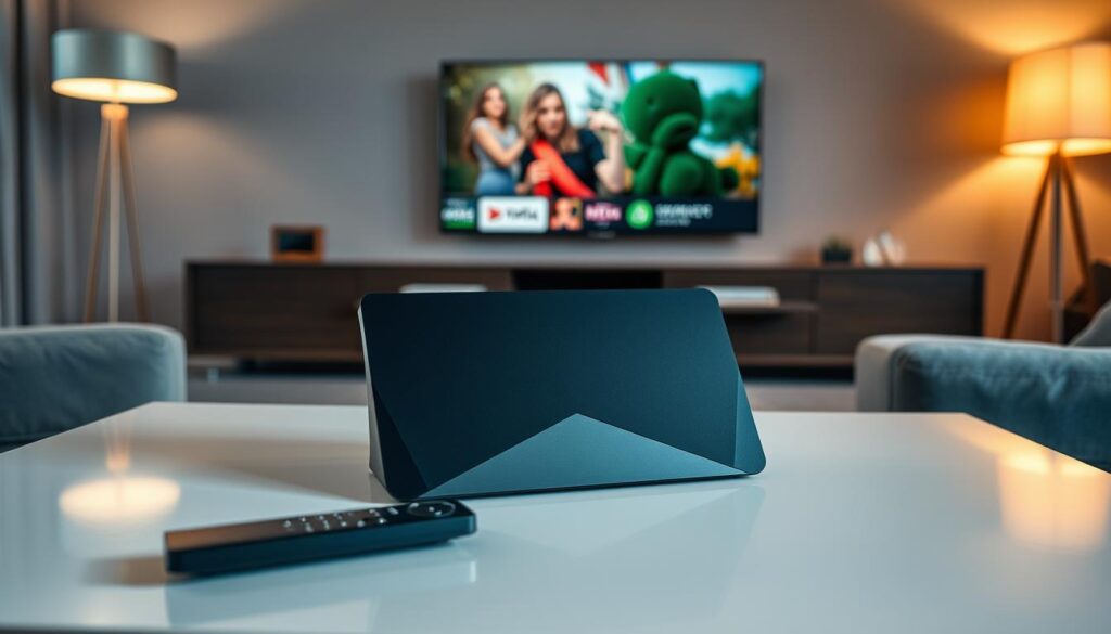 A high-resolution image of the NVIDIA Shield TV Pro placed prominently on a sleek, modern living room table. The device, featuring its distinctive angular design and dark matte finish, is illuminated by soft ambient lighting from stylish floor lamps in the background. In the foreground, there is a well-organized remote control next to the device. The background includes a stylish entertainment center with a large flat-screen TV displaying vibrant streaming content. The atmosphere feels contemporary and inviting, reflecting a high-end technology environment. The camera angle is slightly elevated, focusing on the Shield TV Pro while capturing the cozy surroundings of the room. No text or watermarks will be present. A high-resolution image of the NVIDIA Shield TV Pro placed prominently on a sleek, modern living room table. The device, featuring its distinctive angular design and dark matte finish, is illuminated by soft ambient lighting from stylish floor lamps in the background. In the foreground, there is a well-organized remote control next to the device. The background includes a stylish entertainment center with a large flat-screen TV displaying vibrant streaming content. The atmosphere feels contemporary and inviting, reflecting a high-end technology environment. The camera angle is slightly elevated, focusing on the Shield TV Pro while capturing the cozy surroundings of the room. No text or watermarks will be present.