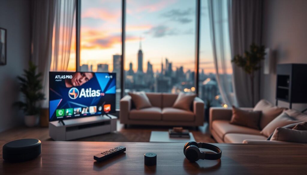 A high-tech digital environment depicting a modern streaming setup showcasing the "Atlas Pro" interface on a sleek television screen in the foreground. The screen displays vibrant, high-definition streaming content, surrounded by stylish accessories like a remote and headphones. In the middle ground, a cozy living room with a comfortable sofa and ambient lighting creates a welcoming atmosphere. Soft, warm lighting enhances the stability and quality theme, while a large window in the background reveals a city skyline at dusk, symbolizing connectivity. The mood is relaxed and focused, reflecting an engaging viewing experience. Use a slightly angled shot for a dynamic perspective, emphasizing the depth of the scene. Overall, convey a sense of reliability, modern technology, and user satisfaction in streaming quality. A high-tech digital environment depicting a modern streaming setup showcasing the "Atlas Pro" interface on a sleek television screen in the foreground. The screen displays vibrant, high-definition streaming content, surrounded by stylish accessories like a remote and headphones. In the middle ground, a cozy living room with a comfortable sofa and ambient lighting creates a welcoming atmosphere. Soft, warm lighting enhances the stability and quality theme, while a large window in the background reveals a city skyline at dusk, symbolizing connectivity. The mood is relaxed and focused, reflecting an engaging viewing experience. Use a slightly angled shot for a dynamic perspective, emphasizing the depth of the scene. Overall, convey a sense of reliability, modern technology, and user satisfaction in streaming quality.