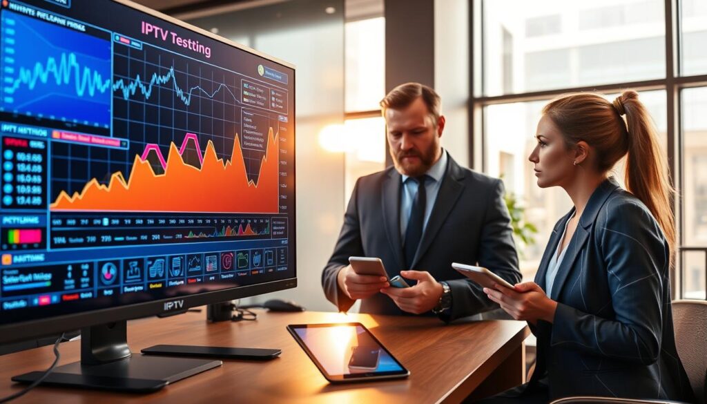A high-tech digital interface showcasing the key data from IPTV tests in 2026. In the foreground, a sleek monitor displays dynamic graphs and statistics representing IPTV performance metrics, with vivid colors and sharp lines for clarity. In the middle, a professional-looking person in business attire analyzes the data, with a focused expression, surrounded by modern tech gadgets like tablets and smartphones that show additional information. The background features a contemporary office environment with large windows letting in soft, natural light, casting subtle reflections on the monitor's surface. The atmosphere is analytical and futuristic, emphasizing precision and innovation in digital streaming technology. A high-tech digital interface showcasing the key data from IPTV tests in 2026. In the foreground, a sleek monitor displays dynamic graphs and statistics representing IPTV performance metrics, with vivid colors and sharp lines for clarity. In the middle, a professional-looking person in business attire analyzes the data, with a focused expression, surrounded by modern tech gadgets like tablets and smartphones that show additional information. The background features a contemporary office environment with large windows letting in soft, natural light, casting subtle reflections on the monitor's surface. The atmosphere is analytical and futuristic, emphasizing precision and innovation in digital streaming technology.