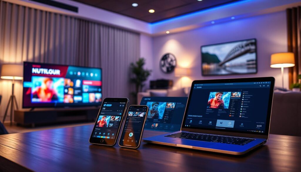 A high-tech digital workspace showcasing compatibility of IPTV VIP with various devices. In the foreground, a sleek, modern smart TV displays vibrant streaming content. Next to it, a tablet and smartphone, illuminated by soft blue and white LED lights, show the same IPTV interface. In the middle ground, a laptop with a high-resolution screen sits on a contemporary desk, displaying an intuitive IPTV app. The background features a cozy living room with stylish decor, including a plush sofa and subtle ambient lighting. The scene captures a warm and inviting atmosphere, reflecting the seamless integration of technology into daily life. Use a wide-angle lens to emphasize depth, with bright but balanced illumination, creating a modern and innovative ambiance. Ensure the digital devices are prominently featured without any text or logos. A high-tech digital workspace showcasing compatibility of IPTV VIP with various devices. In the foreground, a sleek, modern smart TV displays vibrant streaming content. Next to it, a tablet and smartphone, illuminated by soft blue and white LED lights, show the same IPTV interface. In the middle ground, a laptop with a high-resolution screen sits on a contemporary desk, displaying an intuitive IPTV app. The background features a cozy living room with stylish decor, including a plush sofa and subtle ambient lighting. The scene captures a warm and inviting atmosphere, reflecting the seamless integration of technology into daily life. Use a wide-angle lens to emphasize depth, with bright but balanced illumination, creating a modern and innovative ambiance. Ensure the digital devices are prominently featured without any text or logos.
