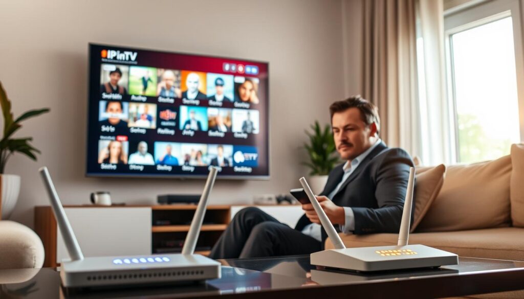A high-tech living room, featuring a sleek television displaying diverse IPTV channels, with vibrant colors and clear images. In the foreground, a professional-looking individual in business attire is comfortably seated on a modern couch, holding a remote control, his expression focused yet relaxed. In the middle ground, a Wi-Fi router with glowing indicators sits on a stylish table, symbolizing strong internet connectivity. The background showcases a window with natural daylight streaming in, creating a warm ambiance. Soft, diffused lighting enhances the technological yet cozy atmosphere, emphasizing the user-friendly experience. The angle is slightly tilted downwards, capturing both the user’s engagement and the high-quality visuals on the screen, reflecting a seamless internet connection and positive user experience. A high-tech living room, featuring a sleek television displaying diverse IPTV channels, with vibrant colors and clear images. In the foreground, a professional-looking individual in business attire is comfortably seated on a modern couch, holding a remote control, his expression focused yet relaxed. In the middle ground, a Wi-Fi router with glowing indicators sits on a stylish table, symbolizing strong internet connectivity. The background showcases a window with natural daylight streaming in, creating a warm ambiance. Soft, diffused lighting enhances the technological yet cozy atmosphere, emphasizing the user-friendly experience. The angle is slightly tilted downwards, capturing both the user’s engagement and the high-quality visuals on the screen, reflecting a seamless internet connection and positive user experience.