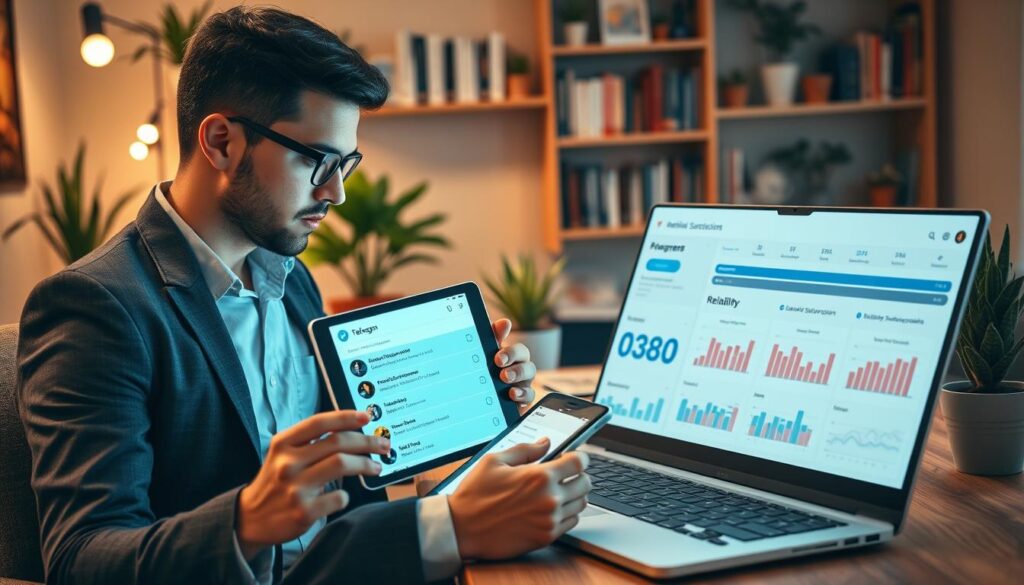 A highly detailed and informative scene depicting a professional individual sitting at a modern desk, engaged in evaluating IPTV subscriptions via Telegram. In the foreground, the person, dressed in smart casual attire, examines a tablet displaying a Telegram chat interface with various IPTV channel options, illuminated by soft, focused desk lighting. In the middle ground, a laptop with graphs and comparison charts is open, showcasing the reliability of different IPTV services. The background features a cozy office environment with shelves filled with tech books and potted plants, creating a warm and inviting atmosphere. The overall mood is one of concentration and expertise, emphasizing research and evaluation of reliable subscription options. The image should evoke trust and professionalism, highlighting the theme of finding dependable IPTV services. A highly detailed and informative scene depicting a professional individual sitting at a modern desk, engaged in evaluating IPTV subscriptions via Telegram. In the foreground, the person, dressed in smart casual attire, examines a tablet displaying a Telegram chat interface with various IPTV channel options, illuminated by soft, focused desk lighting. In the middle ground, a laptop with graphs and comparison charts is open, showcasing the reliability of different IPTV services. The background features a cozy office environment with shelves filled with tech books and potted plants, creating a warm and inviting atmosphere. The overall mood is one of concentration and expertise, emphasizing research and evaluation of reliable subscription options. The image should evoke trust and professionalism, highlighting the theme of finding dependable IPTV services.