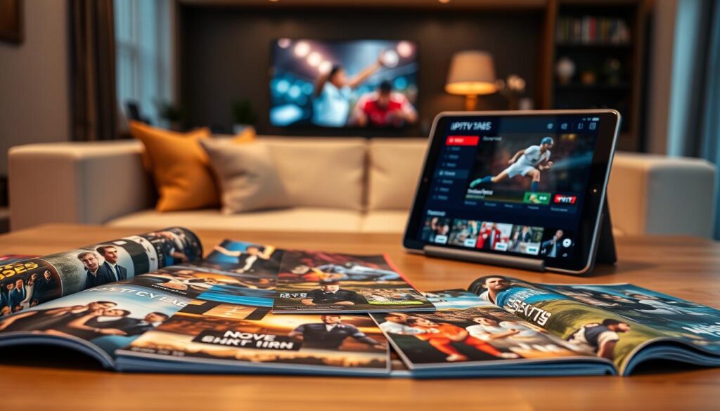 A luxurious, visually appealing IPTV service catalogue spread out on a modern wooden table, showcasing vibrant images of popular movies, series, and sports events. In the foreground, detailed close-ups of glossy promotional cards featuring thrilling visuals of blockbuster films, popular television shows, and live sports highlights. In the middle ground, a sleek tablet displaying the IPTV interface with a high-definition sports event playing. The background features a cozy living room setting with soft ambient lighting, emphasizing a modern and inviting atmosphere. Use a warm color palette with golden hues to enhance the comfort of a viewing experience, and create a sense of excitement and entertainment. The composition should be inviting and visually captivating, with a focus on the rich content variety available through IPTV. A luxurious, visually appealing IPTV service catalogue spread out on a modern wooden table, showcasing vibrant images of popular movies, series, and sports events. In the foreground, detailed close-ups of glossy promotional cards featuring thrilling visuals of blockbuster films, popular television shows, and live sports highlights. In the middle ground, a sleek tablet displaying the IPTV interface with a high-definition sports event playing. The background features a cozy living room setting with soft ambient lighting, emphasizing a modern and inviting atmosphere. Use a warm color palette with golden hues to enhance the comfort of a viewing experience, and create a sense of excitement and entertainment. The composition should be inviting and visually captivating, with a focus on the rich content variety available through IPTV.