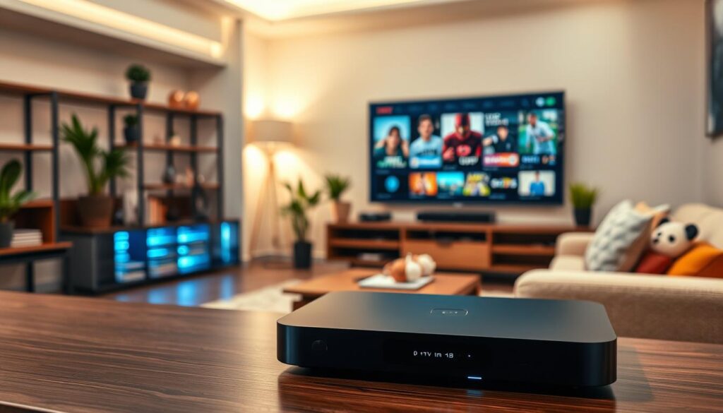 A modern IPTV device prominently displayed in the foreground, sleek and stylish, with glowing LED indicators to represent functionality. Surround the device with a variety of streaming content icons, like movies and sports, subtly integrated into the scene. In the middle ground, a well-organized living room setup featuring a large flat-screen TV displaying vibrant streaming graphics. The background includes warm, soft-lit ambiance with a comfortable sofa and decorative elements like plants to evoke a cozy atmosphere. Use a slightly elevated angle to capture all elements while ensuring a professional, polished look. The overall mood should convey reliability and ease of use for seamless streaming experiences. A modern IPTV device prominently displayed in the foreground, sleek and stylish, with glowing LED indicators to represent functionality. Surround the device with a variety of streaming content icons, like movies and sports, subtly integrated into the scene. In the middle ground, a well-organized living room setup featuring a large flat-screen TV displaying vibrant streaming graphics. The background includes warm, soft-lit ambiance with a comfortable sofa and decorative elements like plants to evoke a cozy atmosphere. Use a slightly elevated angle to capture all elements while ensuring a professional, polished look. The overall mood should convey reliability and ease of use for seamless streaming experiences.