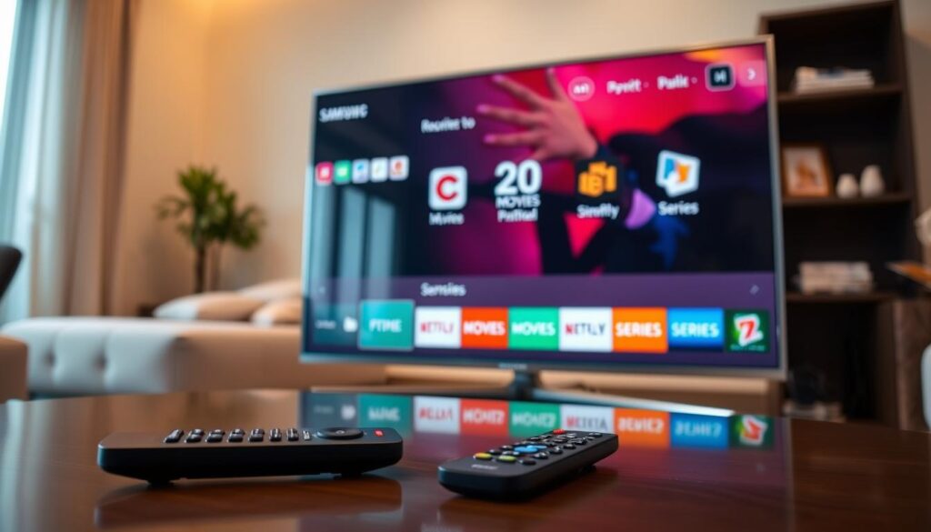 A modern Samsung Smart TV displaying an IPTV application interface, with a vibrant, user-friendly design and colorful icons for live channels, movies, and series. In the foreground, a sleek remote control lies on a stylish coffee table, showcasing the ease of navigation. The background features a cozy living room setting with soft, warm lighting that creates an inviting atmosphere. Subtle reflections in the TV screen emphasize its clarity and resolution. The angle captures the TV screen at eye level, ensuring the app interface is prominent and engaging. The scene conveys a sense of comfort and modernity, appealing to viewers looking for the best IPTV experience. A modern Samsung Smart TV displaying an IPTV application interface, with a vibrant, user-friendly design and colorful icons for live channels, movies, and series. In the foreground, a sleek remote control lies on a stylish coffee table, showcasing the ease of navigation. The background features a cozy living room setting with soft, warm lighting that creates an inviting atmosphere. Subtle reflections in the TV screen emphasize its clarity and resolution. The angle captures the TV screen at eye level, ensuring the app interface is prominent and engaging. The scene conveys a sense of comfort and modernity, appealing to viewers looking for the best IPTV experience.