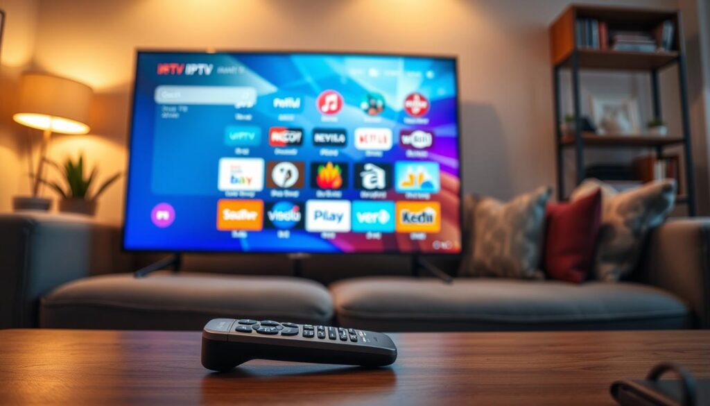 A modern Samsung Smart TV displaying various IPTV application icons on its vibrant home screen, set in a cozy living room environment. In the foreground, a sleek remote control rests on a stylish coffee table, with a blurred view of a comfortable couch and decorative pillows. The middle section features the Samsung TV, showcasing a bright and colorful interface filled with user-friendly IPTV app icons, all illuminated by soft warm lighting. The background includes subtle details like a potted plant and a shelf with books, creating a relaxed ambiance. The overall mood is inviting and tech-savvy, ideal for optimizing an IPTV experience. The scene is shot at an eye-level angle, emphasizing the TV screen while keeping the environment in focus.