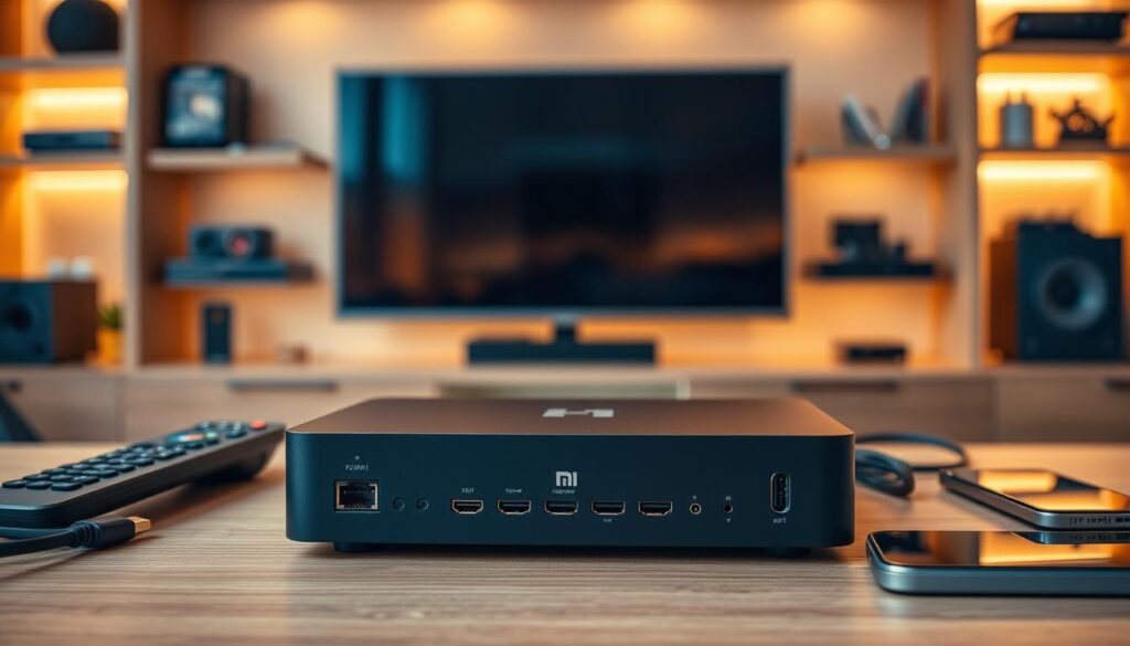 A modern Xiaomi IPTV box prominently displayed on a sleek wooden desk, surrounded by various multimedia devices such as a remote control, HDMI cables, and a smartphone. The foreground features the IPTV device, showcasing its sleek design and multiple connectivity ports including Ethernet, USB, and HDMI. In the middle, a blurred-out TV screen can be seen, emphasizing the entertainment theme, while the background includes softly lit shelves with digital media and tech accessories. The lighting is warm and inviting, creating a cozy atmosphere, with a shallow depth of field to draw attention to the IPTV box. The scene conveys a professional, tech-savvy mood, perfect for a multimedia setup.