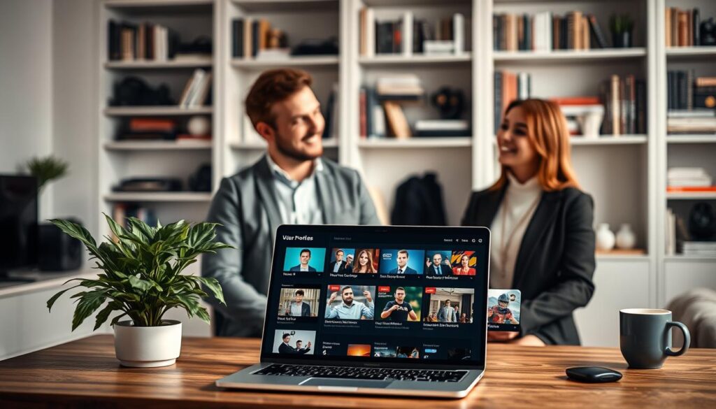 A modern, aesthetic workspace showcasing diverse user profiles and personalized IPTV recommendations. In the foreground, a sleek laptop displays an interface with various user profiles, featuring different icons and thumbnails of available IPTV content, such as movies and sports. The middle ground features two friendly, professional individuals—one man and one woman—discussing recommendations, both dressed in smart casual attire. Soft lighting creates a warm and inviting atmosphere, with a plant and a coffee cup on a wooden desk adding a touch of homey comfort. In the background, blurred shelves filled with books and tech gadgets enhance the tech-savvy ambiance, suggesting a balance between professional and personal life. The overall mood is informative and engaging, emphasizing ease of use and personalized experiences.