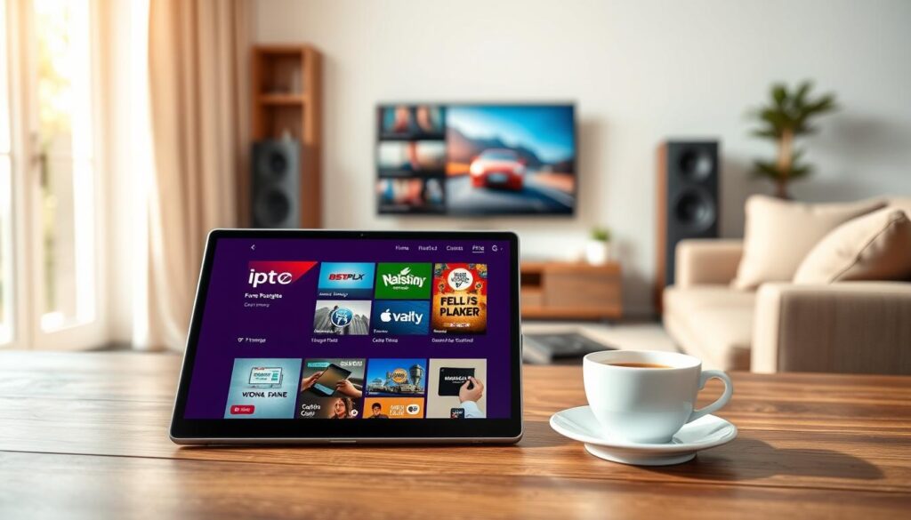 A modern and elegant depiction of IPTV subscription offers in France, featuring a sleek digital tablet displaying a vibrant interface showcasing various IPTV packages. In the foreground, the tablet sits on a stylish wooden table with a fresh cup of coffee beside it. The middle ground includes blurred outlines of other home entertainment devices like a smart TV and speakers, enhancing the theme of digital media consumption. The background features a cozy living room with a warm, inviting ambiance, softly lit by natural light streaming through a window. The overall atmosphere is professional yet relaxed, aimed at attracting viewers interested in comparing IPTV subscription options. A modern and elegant depiction of IPTV subscription offers in France, featuring a sleek digital tablet displaying a vibrant interface showcasing various IPTV packages. In the foreground, the tablet sits on a stylish wooden table with a fresh cup of coffee beside it. The middle ground includes blurred outlines of other home entertainment devices like a smart TV and speakers, enhancing the theme of digital media consumption. The background features a cozy living room with a warm, inviting ambiance, softly lit by natural light streaming through a window. The overall atmosphere is professional yet relaxed, aimed at attracting viewers interested in comparing IPTV subscription options.