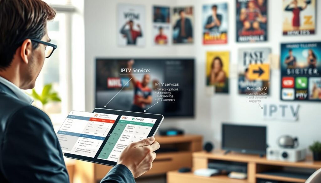 A modern and informative illustration depicting the essential criteria for choosing the best IPTV subscription. In the foreground, a professional-looking person is examining a digital tablet displaying various IPTV service comparisons, dressed in smart casual attire. In the middle, a stylish, well-organized workspace is visible, adorned with tech gadgets and notes highlighting key aspects such as price, package options, streaming quality, and customer support. In the background, a soft-focus wall features posters of popular TV shows and channels, suggesting a vibrant entertainment environment. The lighting is bright and inviting, with natural sunlight streaming in from a window, creating a warm and engaging atmosphere. The composition focuses on clarity and professionalism, inviting viewers to explore the topic further. A modern and informative illustration depicting the essential criteria for choosing the best IPTV subscription. In the foreground, a professional-looking person is examining a digital tablet displaying various IPTV service comparisons, dressed in smart casual attire. In the middle, a stylish, well-organized workspace is visible, adorned with tech gadgets and notes highlighting key aspects such as price, package options, streaming quality, and customer support. In the background, a soft-focus wall features posters of popular TV shows and channels, suggesting a vibrant entertainment environment. The lighting is bright and inviting, with natural sunlight streaming in from a window, creating a warm and engaging atmosphere. The composition focuses on clarity and professionalism, inviting viewers to explore the topic further.