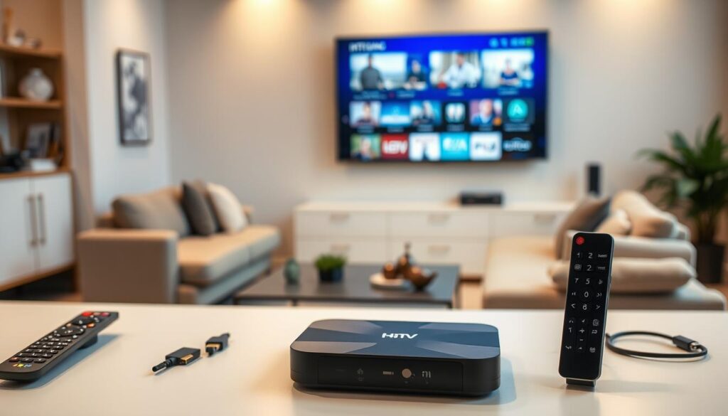 A modern and sleek Android IPTV box displayed prominently in the foreground, showcasing its compact and minimalist design with clean lines and a matte black finish. Surrounding the box are a few accessories, such as a remote control and HDMI cables, emphasizing its usability. In the middle ground, a stylish living room setting creates a welcoming atmosphere, with a cozy couch and a large flat-screen TV displaying vibrant streaming content. The background features soft, warm lighting, enhancing the inviting feel of the space. Capture the scene from a slightly elevated angle, allowing viewers to appreciate both the product and its environment, while evoking a mood of affordability and accessibility in entertainment technology. A modern and sleek Android IPTV box displayed prominently in the foreground, showcasing its compact and minimalist design with clean lines and a matte black finish. Surrounding the box are a few accessories, such as a remote control and HDMI cables, emphasizing its usability. In the middle ground, a stylish living room setting creates a welcoming atmosphere, with a cozy couch and a large flat-screen TV displaying vibrant streaming content. The background features soft, warm lighting, enhancing the inviting feel of the space. Capture the scene from a slightly elevated angle, allowing viewers to appreciate both the product and its environment, while evoking a mood of affordability and accessibility in entertainment technology.