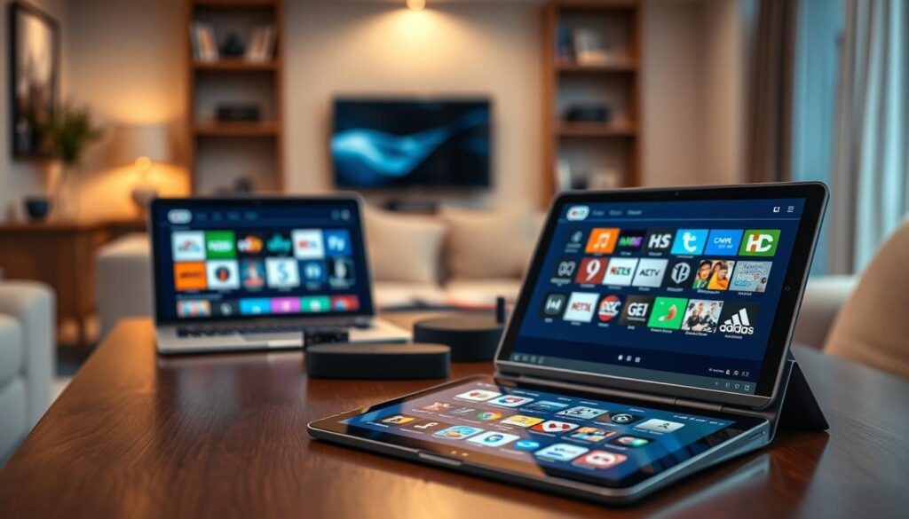 A modern and sleek IPTV channel catalogue displayed on an elegant wooden table, with various colorful channel logos visible on the screen, showcasing a wide range of options from sports to entertainment. In the foreground, a stylish tablet with a user interface demonstrating easy navigation through the channels. The middle ground features a laptop open to a streaming platform, with a few diverse streaming devices nearby. The background is a well-lit living room setting, with soft lighting creating a warm, inviting atmosphere. A subtle bokeh effect adds depth, focusing on the devices while the environment remains slightly blurred, highlighting the technology and choices available. The mood is professional yet comfortable, emphasizing the importance of IPTV selections for viewers. A modern and sleek IPTV channel catalogue displayed on an elegant wooden table, with various colorful channel logos visible on the screen, showcasing a wide range of options from sports to entertainment. In the foreground, a stylish tablet with a user interface demonstrating easy navigation through the channels. The middle ground features a laptop open to a streaming platform, with a few diverse streaming devices nearby. The background is a well-lit living room setting, with soft lighting creating a warm, inviting atmosphere. A subtle bokeh effect adds depth, focusing on the devices while the environment remains slightly blurred, highlighting the technology and choices available. The mood is professional yet comfortable, emphasizing the importance of IPTV selections for viewers.