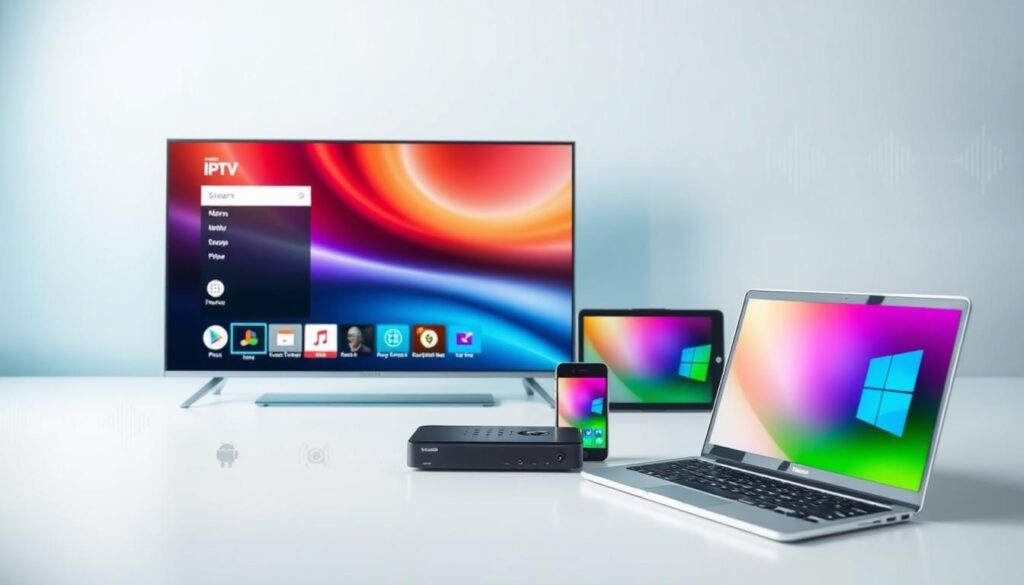 A modern and sleek IPTV stream player displayed prominently in the foreground, featuring a glossy interface on a smart TV screen. Surround the player with various compatible devices such as a smartphone, tablet, and laptop, all showcasing the IPTV app interface in vibrant colors. In the middle ground, incorporate subtle outlines of different operating systems like Android, iOS, and Windows, with contrasting colors representing their distinct user interfaces. The background should be a soft gradient of blue and white, evoking a sense of modern technology and connectivity. Soft, diffused lighting highlights the devices, creating a welcoming and innovative atmosphere. The angle should be slightly above eye level to capture the devices from an engaging perspective. A modern and sleek IPTV stream player displayed prominently in the foreground, featuring a glossy interface on a smart TV screen. Surround the player with various compatible devices such as a smartphone, tablet, and laptop, all showcasing the IPTV app interface in vibrant colors. In the middle ground, incorporate subtle outlines of different operating systems like Android, iOS, and Windows, with contrasting colors representing their distinct user interfaces. The background should be a soft gradient of blue and white, evoking a sense of modern technology and connectivity. Soft, diffused lighting highlights the devices, creating a welcoming and innovative atmosphere. The angle should be slightly above eye level to capture the devices from an engaging perspective.