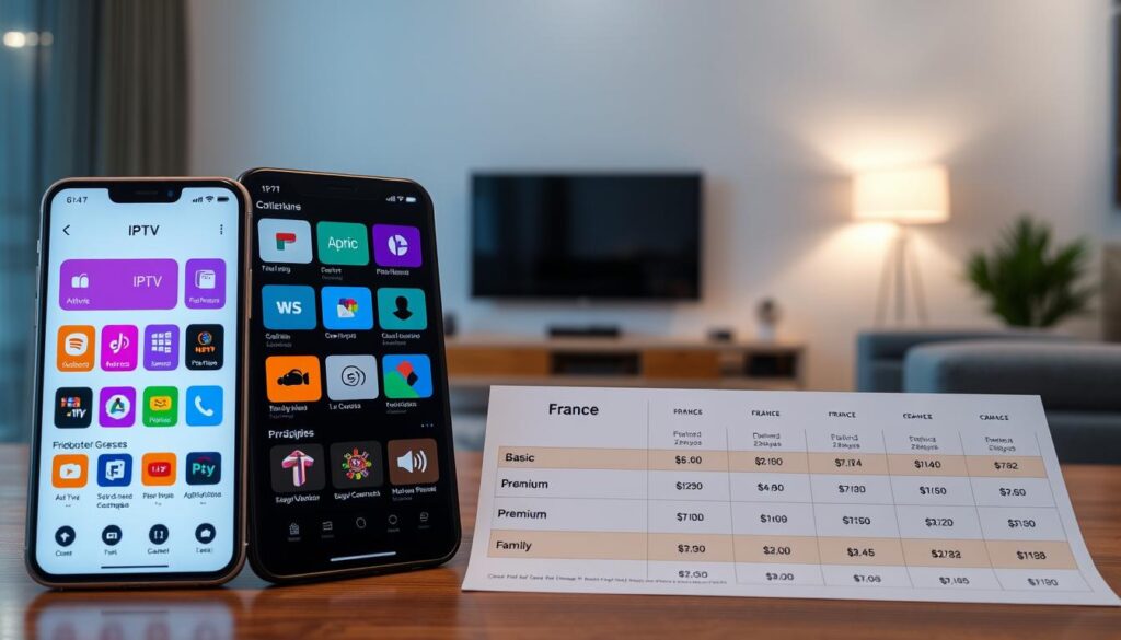 A modern and sleek digital illustration depicting the various IPTV subscription plans available in France for the year 2026. In the foreground, show a stylish smartphone displaying a user-friendly IPTV app interface with vibrant icons representing different channels and subscription tiers. The middle ground features a table with colorful charts and graphs comparing prices, showcasing options for basic, premium, and family packages. In the background, include a blurred view of a contemporary living room with a large TV mounted on the wall, softly illuminated by ambient lighting to create a cozy atmosphere. The overall mood should be informative yet engaging, capturing the essence of modern technology and entertainment. The perspective should be slightly elevated to encompass both the smartphone and the table, focusing on clarity and visual appeal.