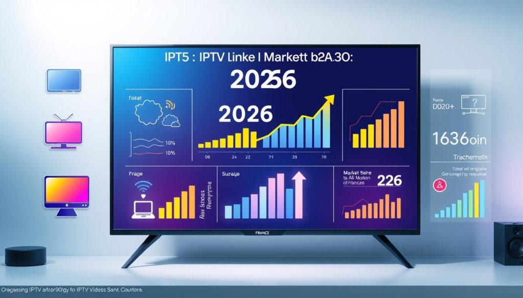 A modern and sleek infographic depicting key statistics and trends in the IPTV market in France for 2026. In the foreground, include stylized icons representing television, streaming, and technology, arranged neatly alongside relevant graphs and charts showing growth rates and market share. In the middle, visualize a dynamic layout with data points highlighted through color gradients and engaging visuals, such as arrows indicating trends. The background should be a subtle gradient of blue and white to evoke a sense of technology and clarity. Utilize soft, bright lighting to enhance the infographic's readability, giving it a polished and professional look, suitable for a business context. The mood should be informative and forward-looking, conveying optimism about the future of IPTV in France. A modern and sleek infographic depicting key statistics and trends in the IPTV market in France for 2026. In the foreground, include stylized icons representing television, streaming, and technology, arranged neatly alongside relevant graphs and charts showing growth rates and market share. In the middle, visualize a dynamic layout with data points highlighted through color gradients and engaging visuals, such as arrows indicating trends. The background should be a subtle gradient of blue and white to evoke a sense of technology and clarity. Utilize soft, bright lighting to enhance the infographic's readability, giving it a polished and professional look, suitable for a business context. The mood should be informative and forward-looking, conveying optimism about the future of IPTV in France.