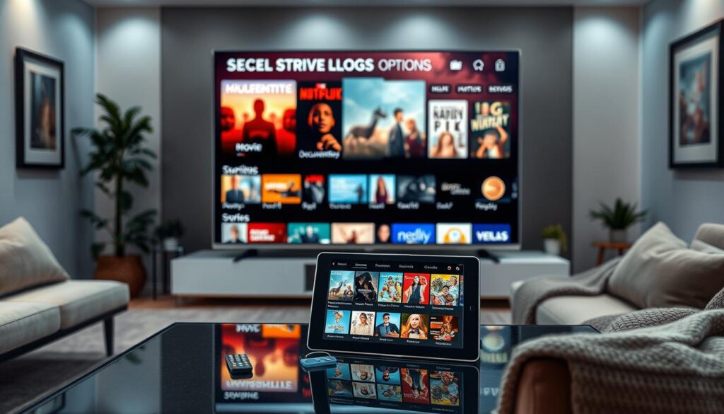 A modern and sleek living room environment showcasing a large smart TV displaying an array of exclusive VOD content options. In the foreground, a stylish coffee table features a remote control and a digital tablet with a streaming app open, highlighting various genres such as movies, documentaries, and children's content. The middle ground includes a comfortable couch with cushions and a cozy throw blanket, inviting viewers to relax and enjoy. The background shows soft ambient lighting illuminating the room, with decorative elements like framed artwork and potted plants adding a touch of sophistication. The overall atmosphere conveys a sense of leisure and engagement, perfect for illustrating exclusive streaming options.