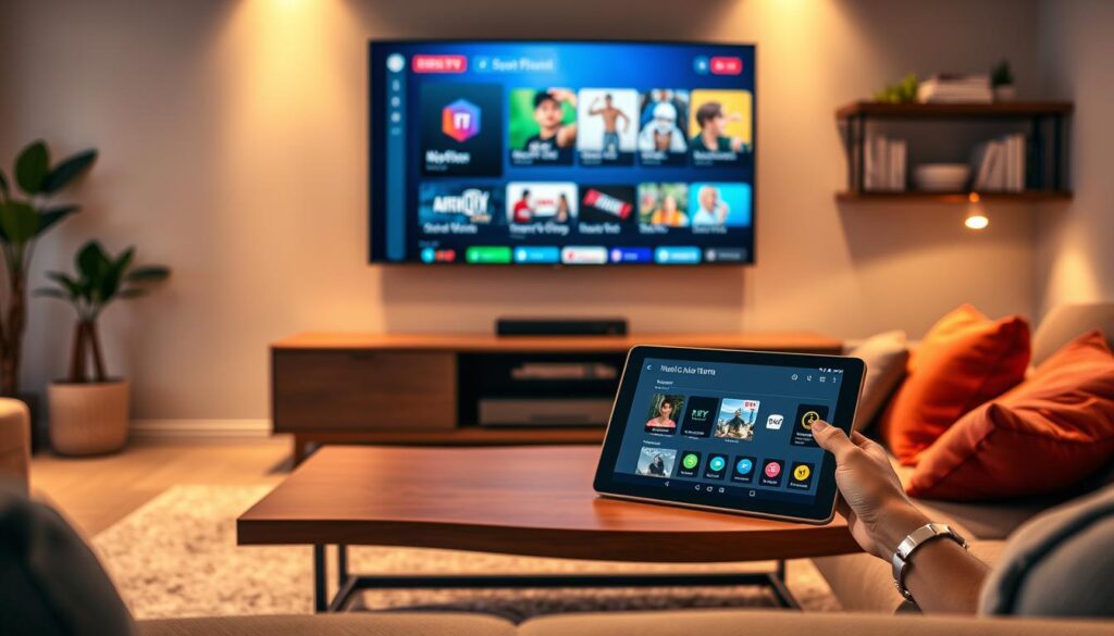 A modern and sleek living room setting featuring a large flat-screen TV displaying various IPTV applications on the screen. In the foreground, a stylish coffee table holds a tablet showing a user-friendly IPTV interface. The middle ground features a comfortable sofa with colorful cushions, hinting at a cozy viewing experience. Soft, warm lighting illuminates the space, creating an inviting atmosphere. In the background, a well-decorated shelf with books and a plant adds character. The scene is shot from a slightly elevated angle, emphasizing the TV and tablet, while capturing the essence of a contemporary home environment ideal for watching IPTV content. The mood reflects innovation and relaxation, perfect for an evening of entertainment in 2025. A modern and sleek living room setting featuring a large flat-screen TV displaying various IPTV applications on the screen. In the foreground, a stylish coffee table holds a tablet showing a user-friendly IPTV interface. The middle ground features a comfortable sofa with colorful cushions, hinting at a cozy viewing experience. Soft, warm lighting illuminates the space, creating an inviting atmosphere. In the background, a well-decorated shelf with books and a plant adds character. The scene is shot from a slightly elevated angle, emphasizing the TV and tablet, while capturing the essence of a contemporary home environment ideal for watching IPTV content. The mood reflects innovation and relaxation, perfect for an evening of entertainment in 2025.
