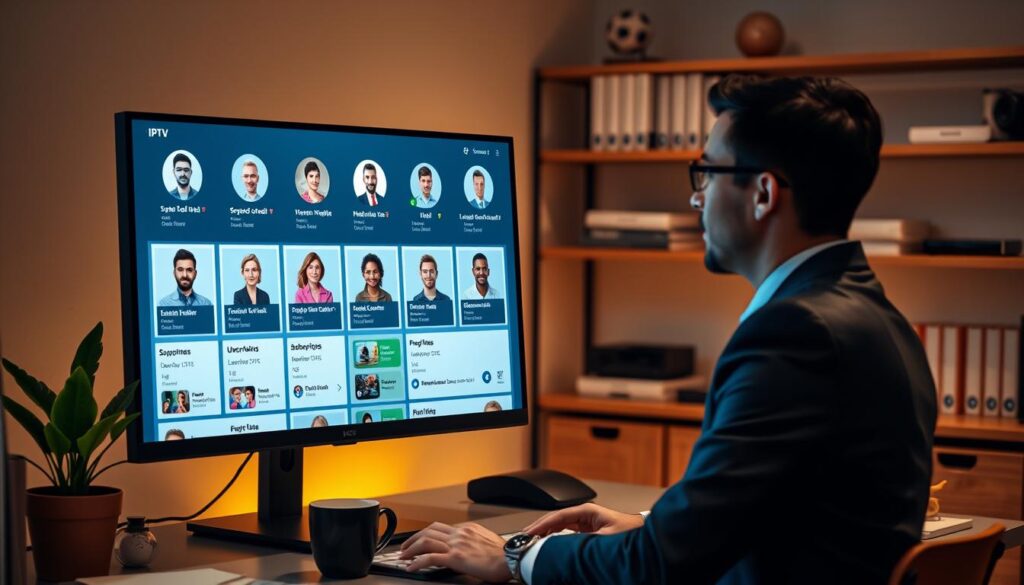 A modern and sleek user interface for IPTV subscription profiles, featuring a computer screen displaying various user profiles with avatars and subscription details. In the foreground, a person in professional business attire is engaged with the screen, analyzing the profiles. The middle layer includes a stylish office workspace with soft ambient lighting, a potted plant, and a coffee cup on the desk, enhancing a productive atmosphere. The background features a shelf with neatly arranged books and tech gadgets, ensuring a clean and organized look. Warm lighting creates a welcoming mood, while a shallow depth of field focuses on the user and the screen, adding a touch of intimacy to the scene. A modern and sleek user interface for IPTV subscription profiles, featuring a computer screen displaying various user profiles with avatars and subscription details. In the foreground, a person in professional business attire is engaged with the screen, analyzing the profiles. The middle layer includes a stylish office workspace with soft ambient lighting, a potted plant, and a coffee cup on the desk, enhancing a productive atmosphere. The background features a shelf with neatly arranged books and tech gadgets, ensuring a clean and organized look. Warm lighting creates a welcoming mood, while a shallow depth of field focuses on the user and the screen, adding a touch of intimacy to the scene.