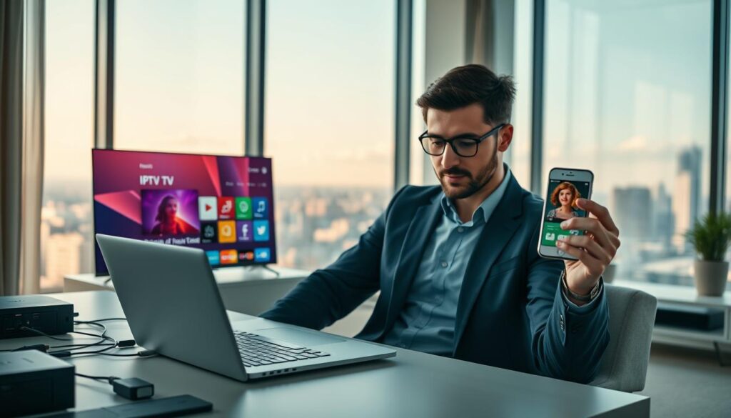 A modern and sleek workspace featuring a laptop displaying a vibrant IPTV interface. In the foreground, a professional individual, dressed in smart casual attire, is focused on the screen while holding a smartphone that shows a VPN app. The middle area should include visually appealing elements like connected cables and streaming devices, suggesting a tech-savvy environment. The background features a large window with a city skyline, representing access to global content. Soft, natural lighting filters in, illuminating the scene and creating a welcoming mood. The overall atmosphere is one of security, privacy, and the excitement of enhanced digital accessibility. A modern and sleek workspace featuring a laptop displaying a vibrant IPTV interface. In the foreground, a professional individual, dressed in smart casual attire, is focused on the screen while holding a smartphone that shows a VPN app. The middle area should include visually appealing elements like connected cables and streaming devices, suggesting a tech-savvy environment. The background features a large window with a city skyline, representing access to global content. Soft, natural lighting filters in, illuminating the scene and creating a welcoming mood. The overall atmosphere is one of security, privacy, and the excitement of enhanced digital accessibility.