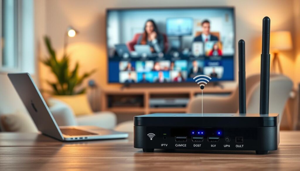 A modern and stylish IPTV WiFi box displayed prominently in the foreground, showcasing its sleek design and various ports. The middle ground features a well-organized workspace with a laptop, a high-resolution screen streaming content, and a cozy, comfortable chair. In the background, soft ambient lighting creates a warm and inviting atmosphere, enhancing the tech-savvy vibe. A subtle focus on technical specifications, such as WiFi signal indicators and digital output options on the box, adds depth. The scene is captured from a slightly elevated angle to highlight the IPTV box's features, with natural light streaming in from a nearby window, creating a professional yet relaxed mood. A modern and stylish IPTV WiFi box displayed prominently in the foreground, showcasing its sleek design and various ports. The middle ground features a well-organized workspace with a laptop, a high-resolution screen streaming content, and a cozy, comfortable chair. In the background, soft ambient lighting creates a warm and inviting atmosphere, enhancing the tech-savvy vibe. A subtle focus on technical specifications, such as WiFi signal indicators and digital output options on the box, adds depth. The scene is captured from a slightly elevated angle to highlight the IPTV box's features, with natural light streaming in from a nearby window, creating a professional yet relaxed mood.