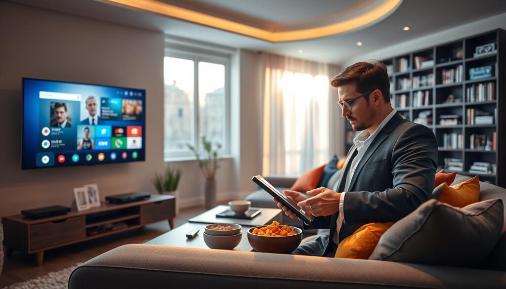 A modern and stylish living room, featuring a sleek TV displaying an IPTV interface. In the foreground, a confident person in professional business attire is engaging with a tablet, comparing different IPTV services. In the middle, a cozy sofa with colorful cushions and a coffee table filled with remote controls and snack bowls. Ambient lighting creates a warm atmosphere, with soft rays illuminating the space. The background showcases a stylish bookshelf filled with DVDs and tech gadgets. Large windows let in natural light, emphasizing a sense of comfort and modern living. The overall mood of the image is inviting and tech-savvy, perfect for showcasing the premium quality of OTT services in France. A modern and stylish living room, featuring a sleek TV displaying an IPTV interface. In the foreground, a confident person in professional business attire is engaging with a tablet, comparing different IPTV services. In the middle, a cozy sofa with colorful cushions and a coffee table filled with remote controls and snack bowls. Ambient lighting creates a warm atmosphere, with soft rays illuminating the space. The background showcases a stylish bookshelf filled with DVDs and tech gadgets. Large windows let in natural light, emphasizing a sense of comfort and modern living. The overall mood of the image is inviting and tech-savvy, perfect for showcasing the premium quality of OTT services in France.