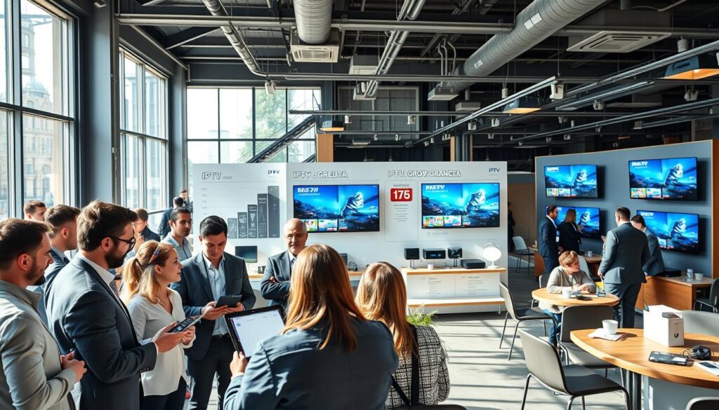 A modern, bustling IPTV market scene in France, showcasing a blend of traditional and digital elements that signify the evolution of media consumption. In the foreground, a diverse group of professionals in business attire are engaged in animated discussions, holding tablets and laptops displaying IPTV interfaces. The middle ground features sleek displays of televisions and digital streaming devices, surrounded by informational graphics illustrating growth statistics. In the background, a contemporary café setting with patrons watching IPTV content on screens, giving a casual yet vibrant atmosphere. Bright, natural lighting streams through large windows, highlighting the blend of technology and community. Capture this dynamic environment using a wide-angle lens to emphasize depth, making the image feel inviting and informative.
